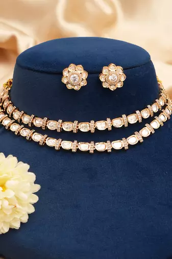 Gold plated luxury moissanite kundan bridal choker set