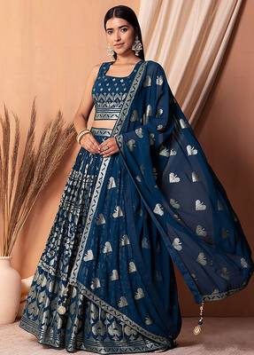 Navy blue Faux Georgette Foil Print Readymade Lehenga Choli Set with Dupatta 1