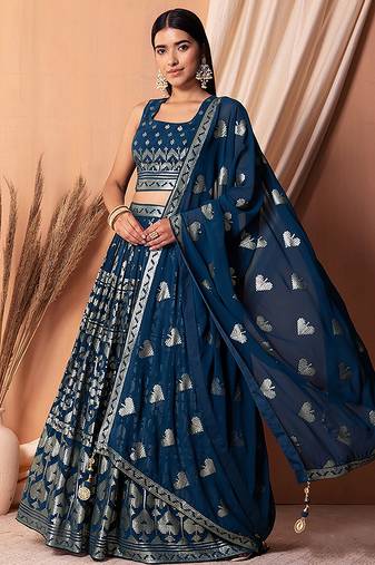 Navy blue Faux Georgette Foil Print Readymade Lehenga Choli Set with Dupatta