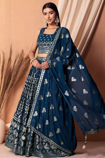 Navy blue Faux Georgette Foil Print Readymade Lehenga Choli Set with Dupatta