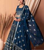 Navy blue Faux Georgette Foil Print Readymade Lehenga Choli Set with Dupatta