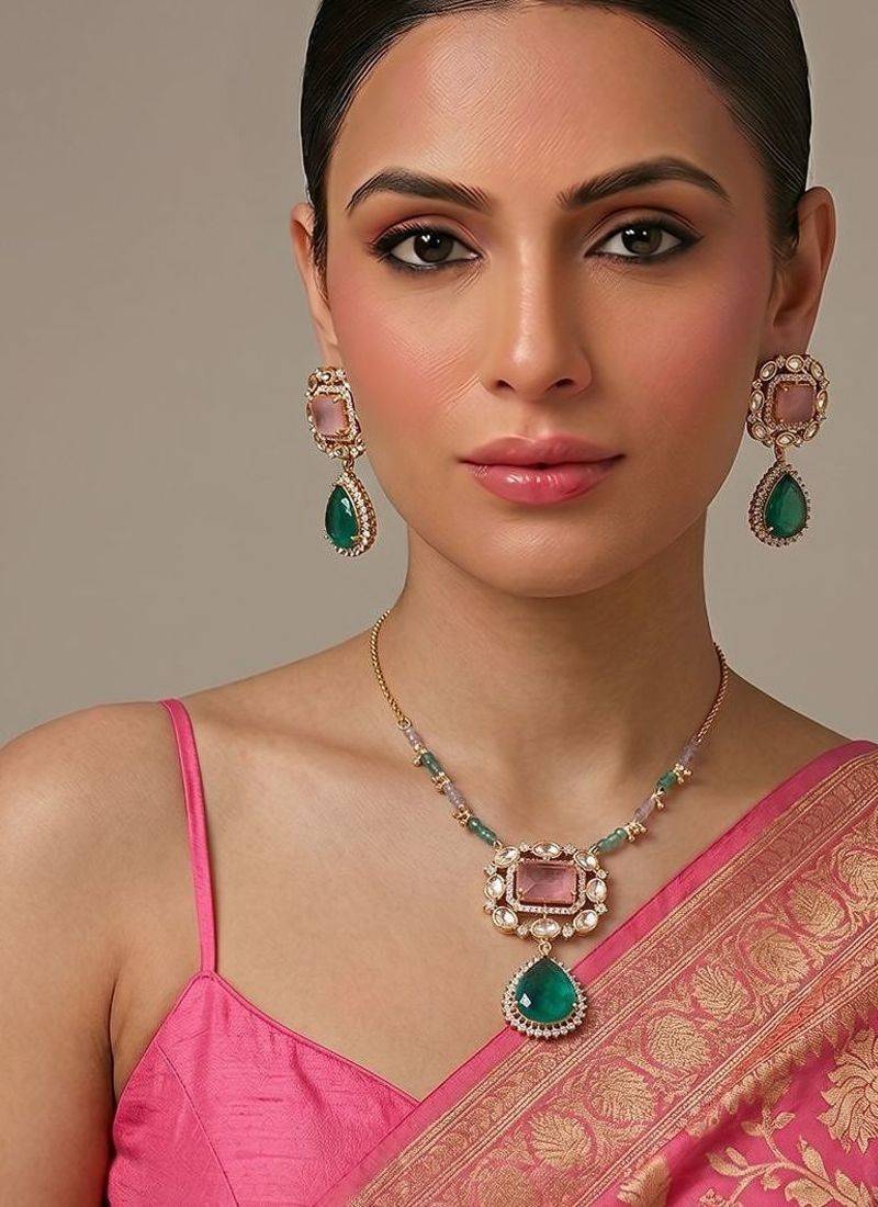 Green moissanite kundan necklace set