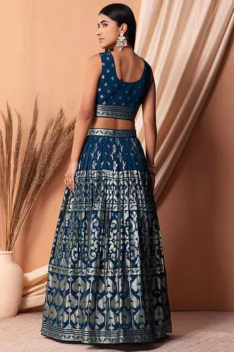 Navy blue Faux Georgette Foil Print Readymade Lehenga Choli Set with Dupatta