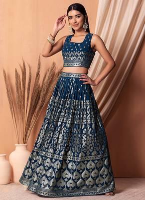 Navy blue Faux Georgette Foil Print Readymade Lehenga Choli Set with Dupatta 3