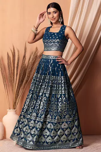 Navy blue Faux Georgette Foil Print Readymade Lehenga Choli Set with Dupatta