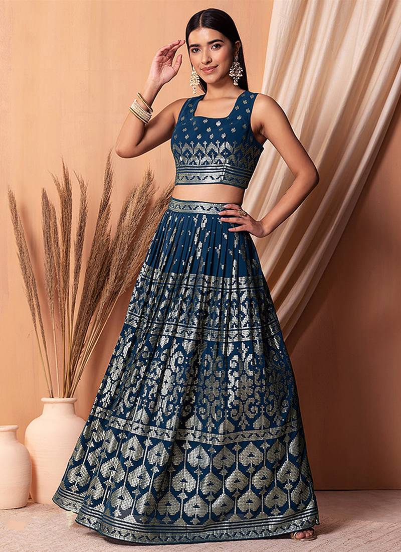 Navy blue Faux Georgette Foil Print Readymade Lehenga Choli Set with Dupatta