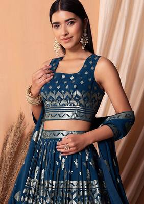 Navy blue Faux Georgette Foil Print Readymade Lehenga Choli Set with Dupatta 4