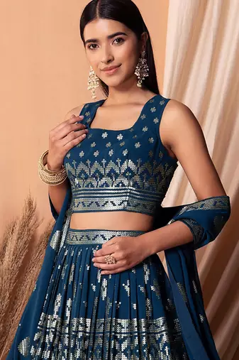 Navy blue Faux Georgette Foil Print Readymade Lehenga Choli Set with Dupatta