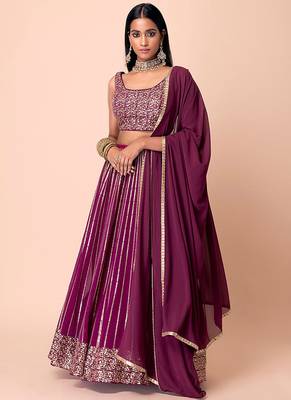 Wine Faux Georgette Embroidered Readymade Lehenga Choli Set with Dupatta 1