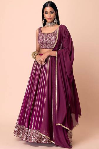 Wine Faux Georgette Embroidered Readymade Lehenga Choli Set with Dupatta