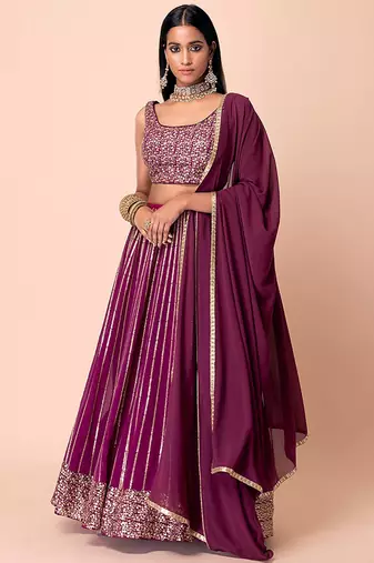Wine Faux Georgette Embroidered Readymade Lehenga Choli Set with Dupatta