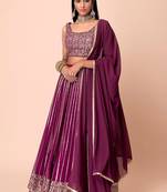Wine Faux Georgette Embroidered Readymade Lehenga Choli Set with Dupatta