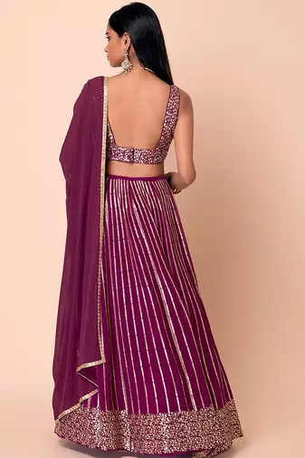 Wine Faux Georgette Embroidered Readymade Lehenga Choli Set with Dupatta
