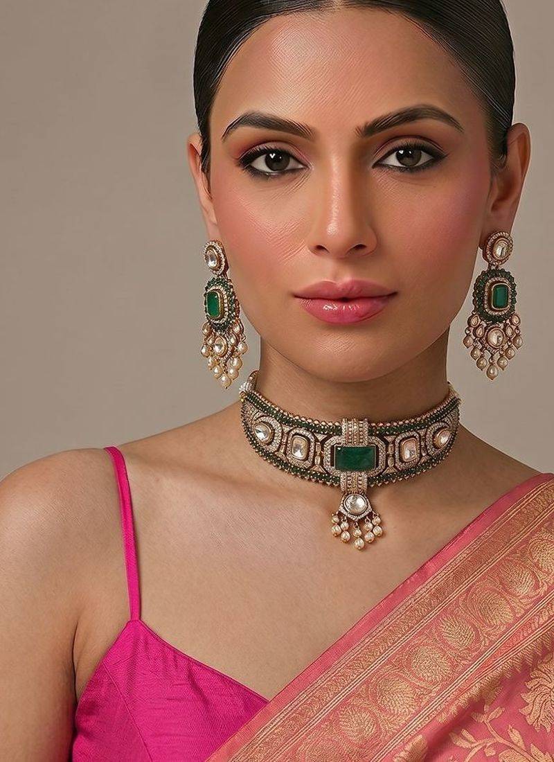 Green kundan moissanite choker set