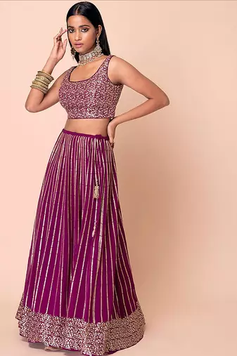 Wine Faux Georgette Embroidered Readymade Lehenga Choli Set with Dupatta