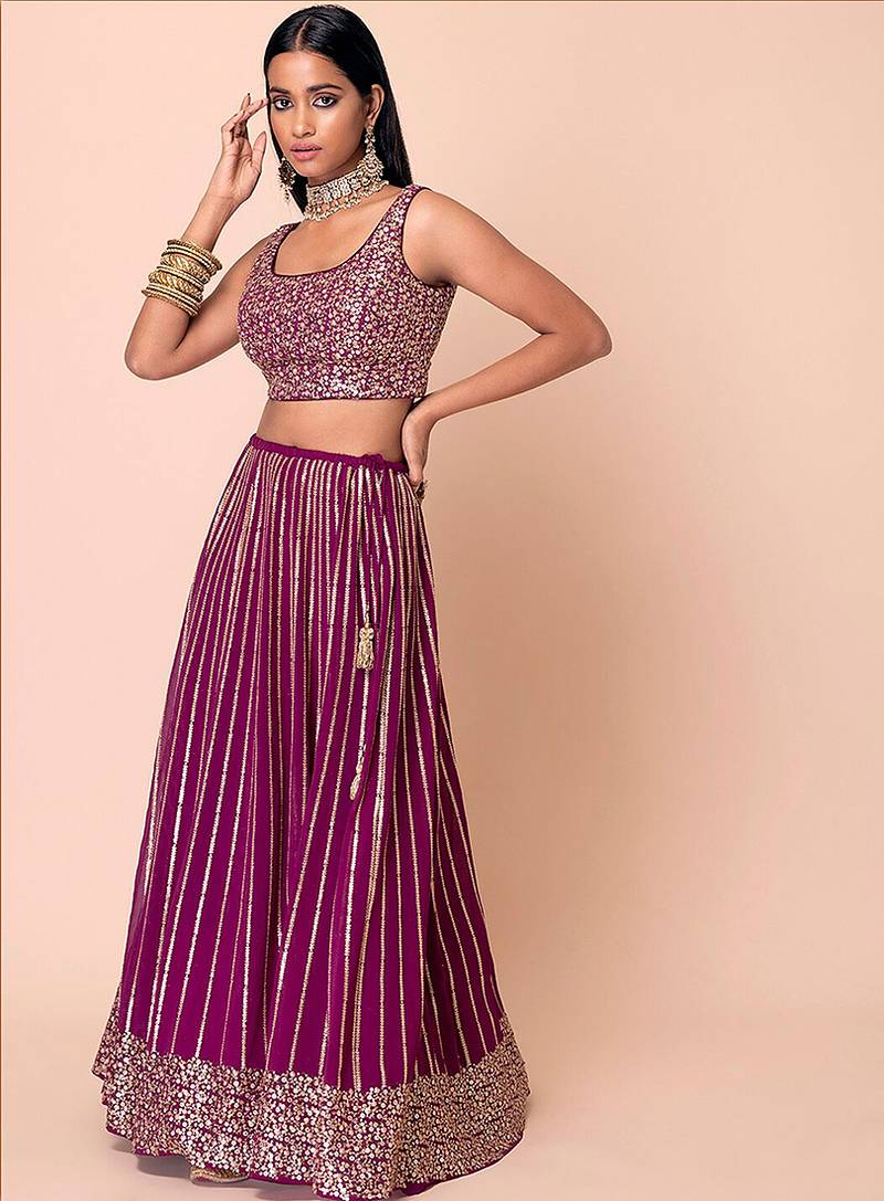 Wine Faux Georgette Embroidered Readymade Lehenga Choli Set with Dupatta