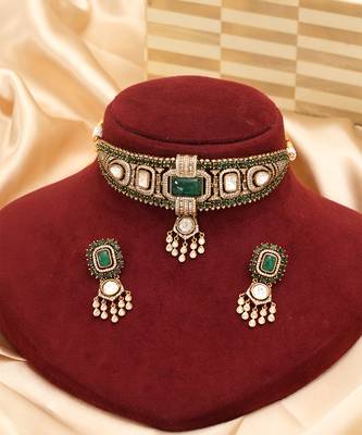 Green kundan moissanite choker set 2