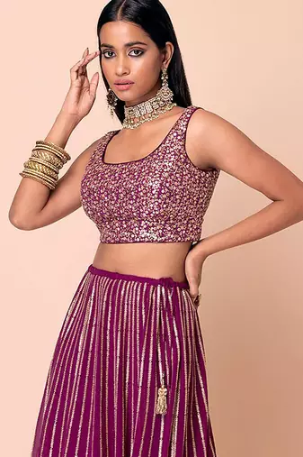 Wine Faux Georgette Embroidered Readymade Lehenga Choli Set with Dupatta