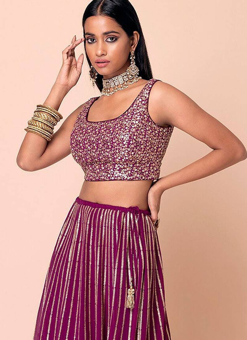 Wine Faux Georgette Embroidered Readymade Lehenga Choli Set with Dupatta