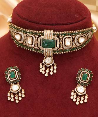 Green kundan moissanite choker set 3