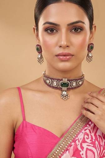 Ruby green kundan choker set
