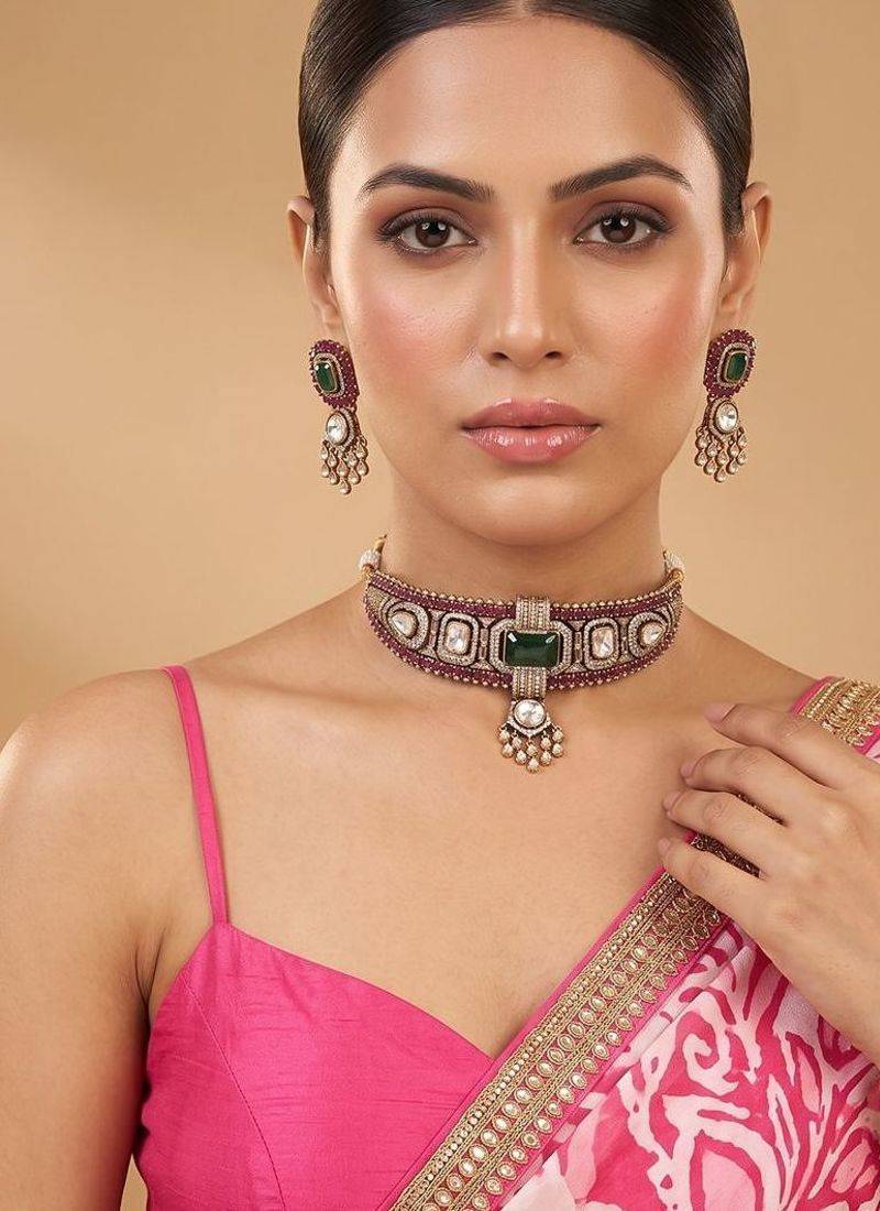 Ruby green kundan choker set