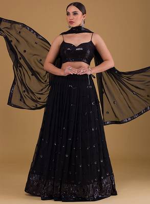 Black Faux Georgette Embroidered Readymade Lehenga Choli Set with Dupatta 1
