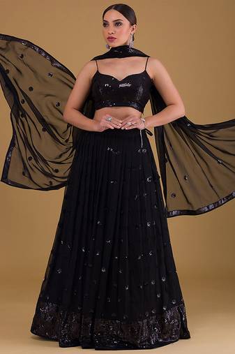 Black Faux Georgette Embroidered Readymade Lehenga Choli Set with Dupatta