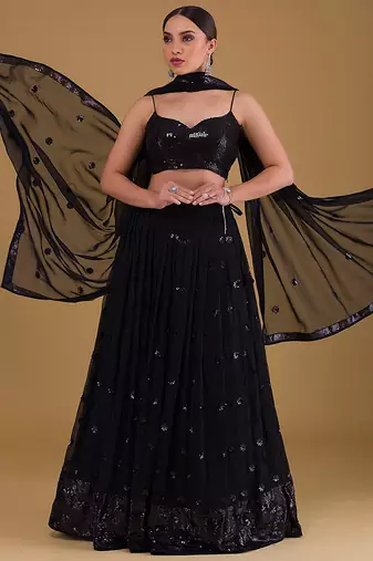 Black Faux Georgette Embroidered Readymade Lehenga Choli Set with Dupatta