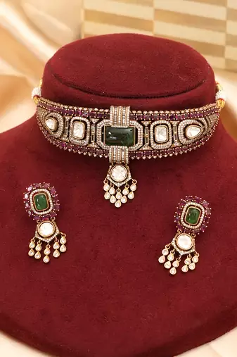 Ruby green kundan choker set