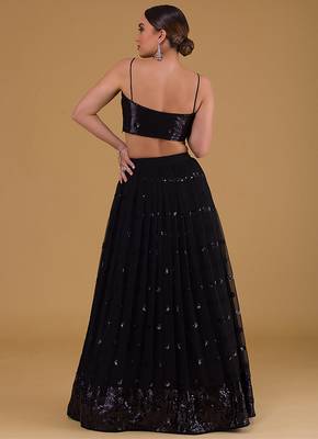 Black Faux Georgette Embroidered Readymade Lehenga Choli Set with Dupatta 2
