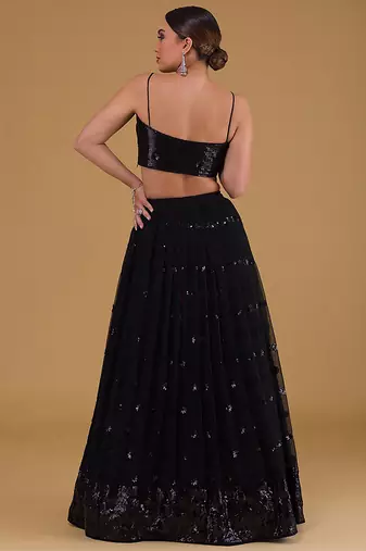 Black Faux Georgette Embroidered Readymade Lehenga Choli Set with Dupatta