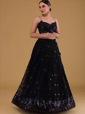 Black Faux Georgette Embroidered Readymade Lehenga Choli Set with Dupatta 3