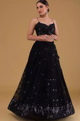 Black Faux Georgette Embroidered Readymade Lehenga Choli Set with Dupatta