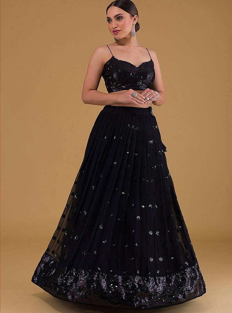 Black Faux Georgette Embroidered Readymade Lehenga Choli Set with Dupatta