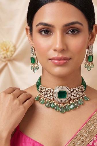 Green premium kundan moissanite choker set