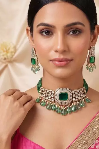 Green premium kundan moissanite choker set