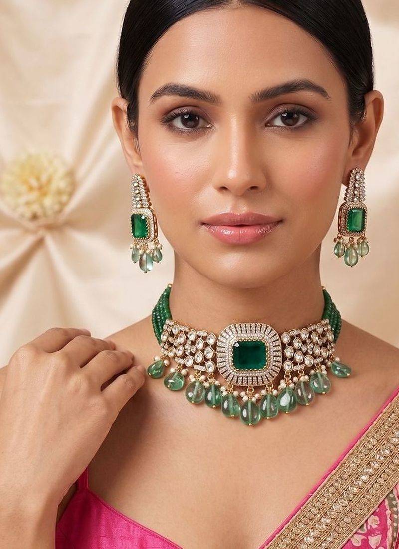 Green premium kundan moissanite choker set