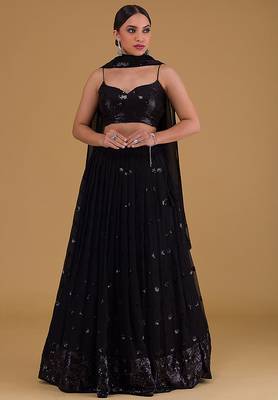 Black Faux Georgette Embroidered Readymade Lehenga Choli Set with Dupatta 4