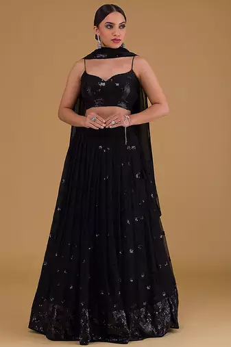 Black Faux Georgette Embroidered Readymade Lehenga Choli Set with Dupatta