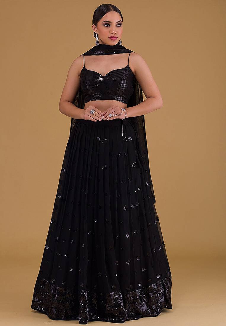 Black Faux Georgette Embroidered Readymade Lehenga Choli Set with Dupatta