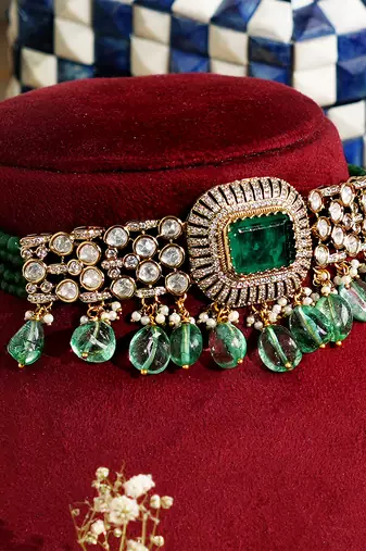 Green premium kundan moissanite choker set