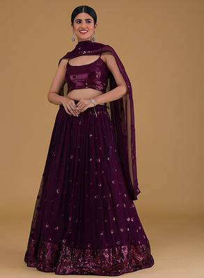 Wine Faux Georgette Embroidered Readymade Lehenga Choli Set 1