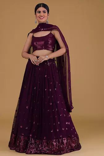 Wine Faux Georgette Embroidered Readymade Lehenga Choli Set