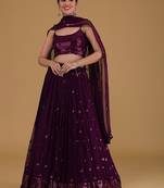 Wine Faux Georgette Embroidered Readymade Lehenga Choli Set