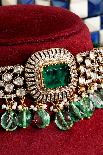 Green premium kundan moissanite choker set