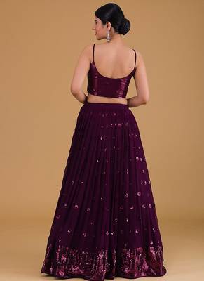 Wine Faux Georgette Embroidered Readymade Lehenga Choli Set 2