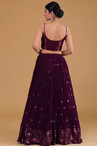 Wine Faux Georgette Embroidered Readymade Lehenga Choli Set