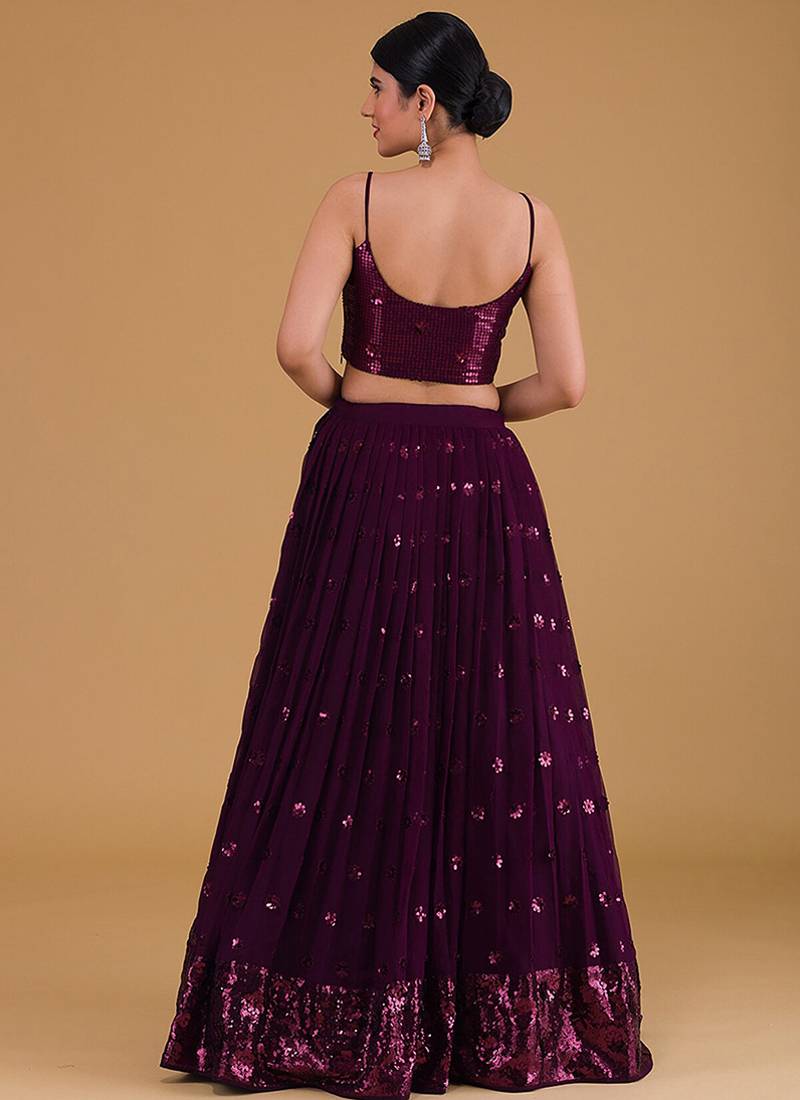 Wine Faux Georgette Embroidered Readymade Lehenga Choli Set