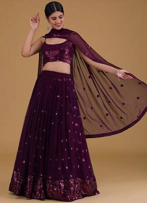 Wine Faux Georgette Embroidered Readymade Lehenga Choli Set 3
